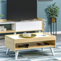 Wood-look MDF coffee table with lower shelf and tapered white legs, 85x50x45cm
