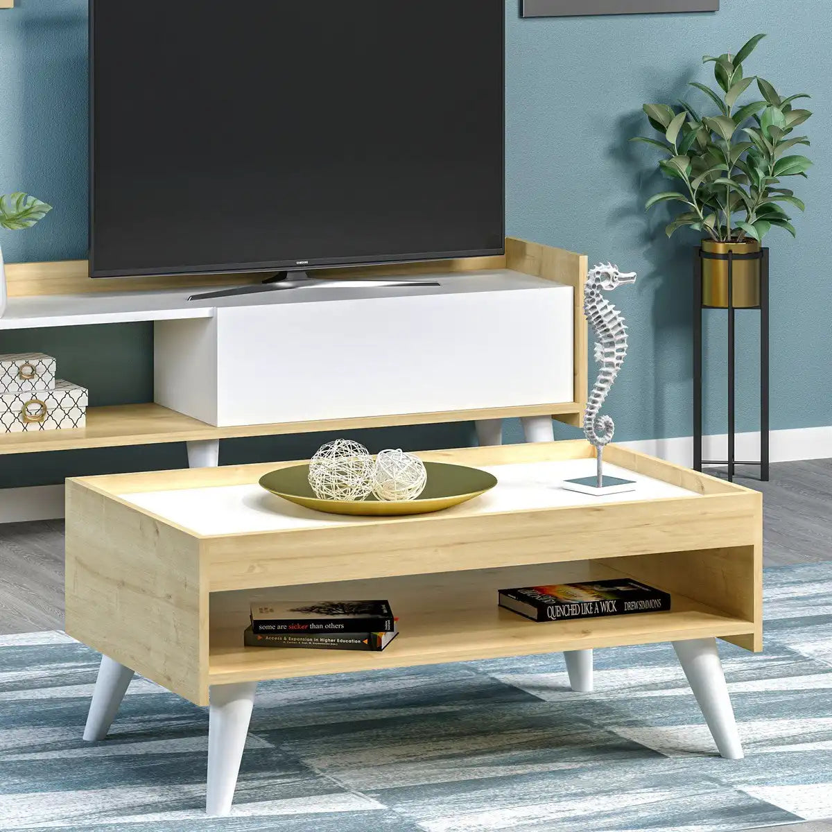 Wood-look MDF coffee table with lower shelf and tapered white legs, 85x50x45cm