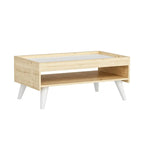Rectangular MDF coffee table in light wood finish with open storage shelf and white legs