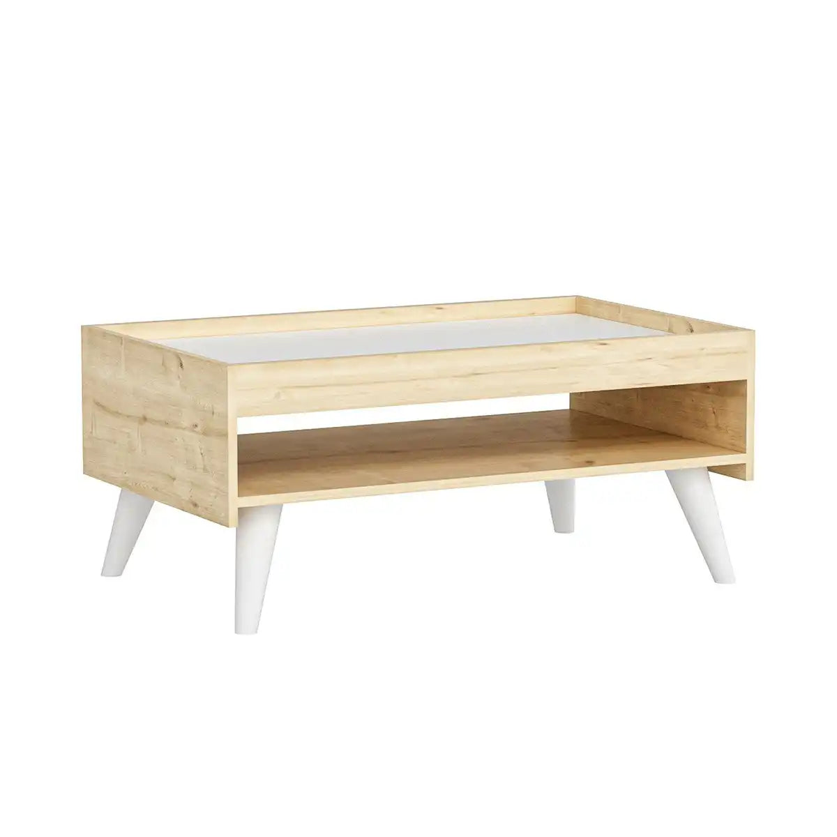 Rectangular MDF coffee table in light wood finish with open storage shelf and white legs