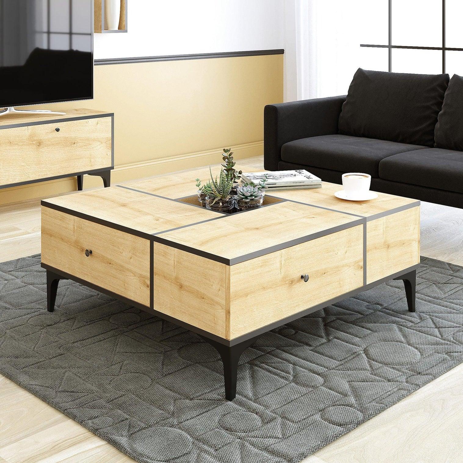 Light wood coffee table with black-trim top and two drawers