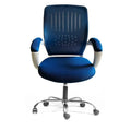 Blue office chair with padded seat, contoured back, and chrome rolling base