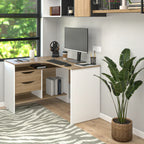 Corner desk with white and light wood finish, open shelves, and side drawer storage