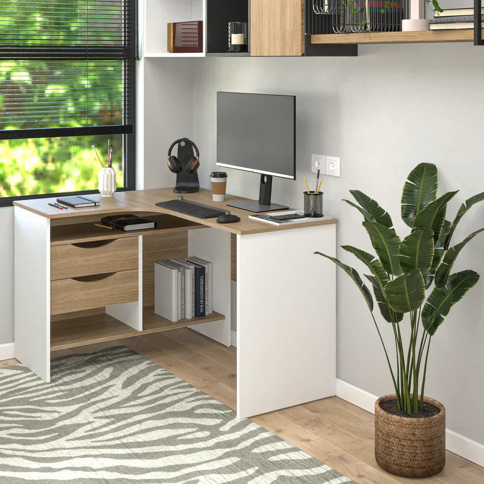 Corner desk with white and light wood finish, open shelves, and side drawer storage