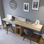 Long wood-effect desk with metal legs and side storage shelves beneath the top