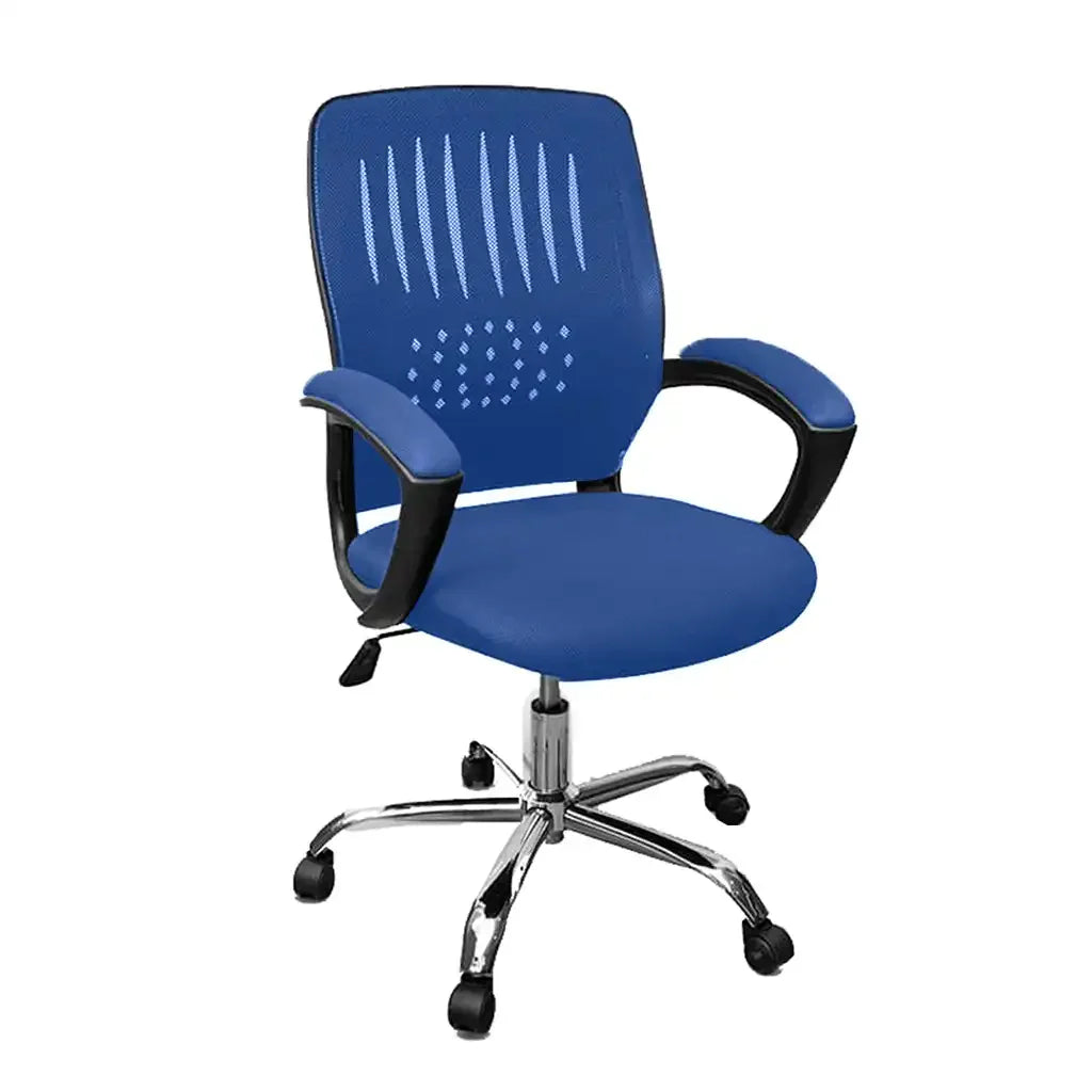 Blue office chair with contoured backrest, armrests, and chrome wheeled base