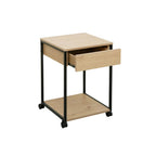 Square side table on wheels with drawer and open bottom shelf, black metal legs