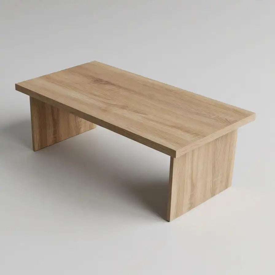 Rectangular MDF coffee table with light wood finish, 105x55 cm top, wide open sides