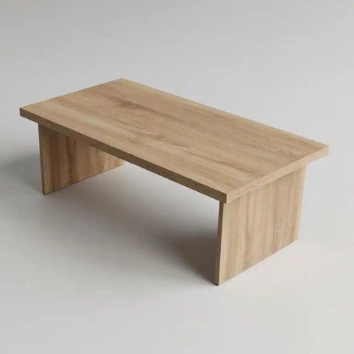 Rectangular MDF coffee table with light wood finish, 105x55 cm top, wide open sides