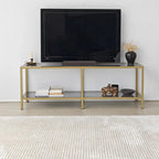Front view TV stand: black panel top, gold frame, two open shelves for electronics