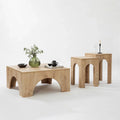 Wooden table set with curved arch cutouts, includes large table and two stools