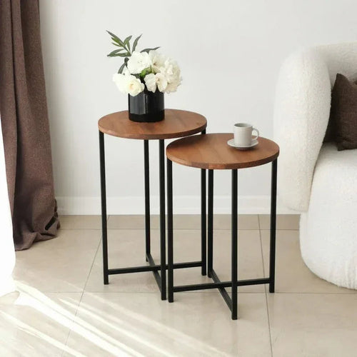 Round MDF side table set with black metal frame, 35x35x50/55cm