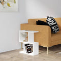 White MDF side table with open shelf and top display, compact square design