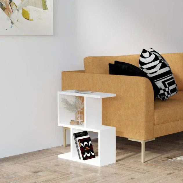 White MDF side table with open shelf and top display, compact square design