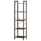 Tall open bookcase with black metal frame and rustic wood shelves