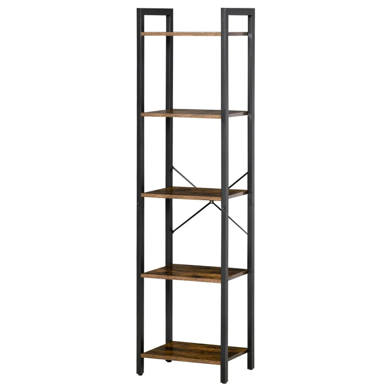Tall open bookcase with black metal frame and rustic wood shelves