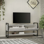 White TV console with black metal frame; cabinet doors and two-tier open shelf storage.