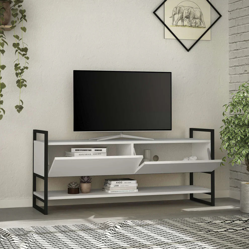White TV console with black metal frame; cabinet doors and two-tier open shelf storage.