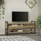 Light wood TV table with two front drawers, black metal frame, open shelves