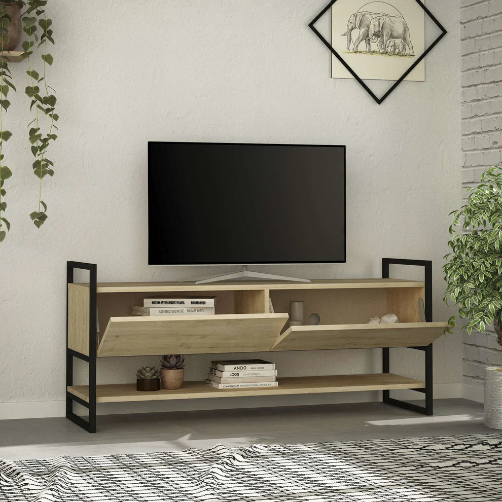 Light wood TV table with two front drawers, black metal frame, open shelves