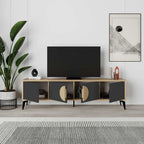 Light wood TV table with dark side panels and open shelving for media