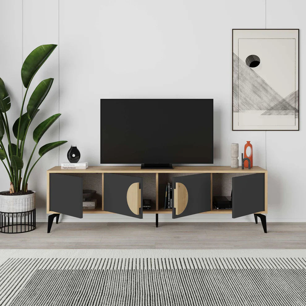 Light wood TV table with dark side panels and open shelving for media