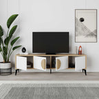 TV console with two side doors and central round detail, light wood finish, black legs