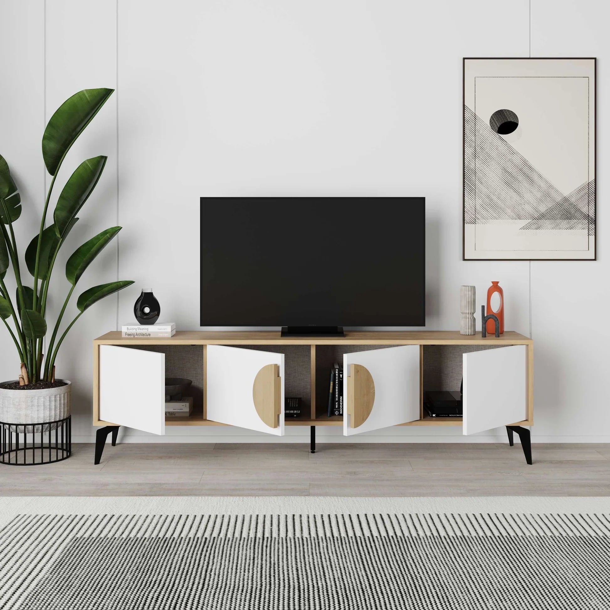 TV console with two side doors and central round detail, light wood finish, black legs