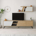 TV unit with open middle shelf, light wood and white doors, black TV screen