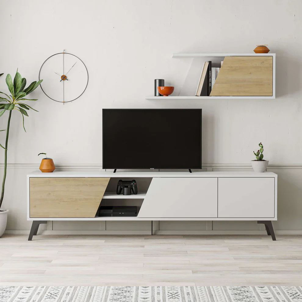 TV unit with open media shelf, white cabinet and light wood side panels for storage
