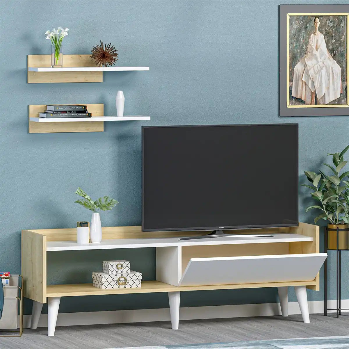 MDF TV table, light wood and white base with open shelving under a black TV