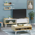 Light wood TV console with open shelves and matching coffee table, 2-piece set.