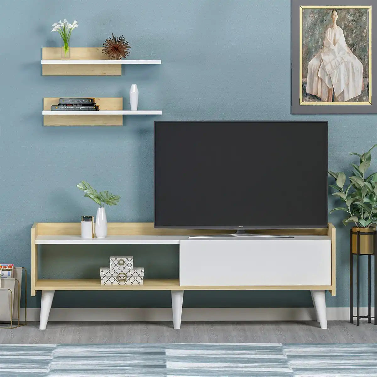 TV table with light wood top, white front panel, open shelves, and four angled legs