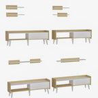 Light-wood MDF TV console with two open shelves and white legs, shown from multiple angles