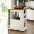 White MDF coffee corner cabinet with shelves, door storage, and wheels.
