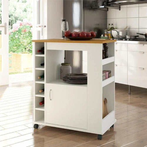 White MDF coffee corner cabinet with shelves, door storage, and wheels.