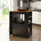 Black MDF coffee cart with wood top, open shelves, cabinet door, and caster wheels