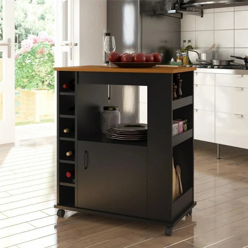 Black MDF coffee cart with wood top, open shelves, cabinet door, and caster wheels