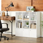 White bookcase unit with open shelves and three lower doors, compact modern storage