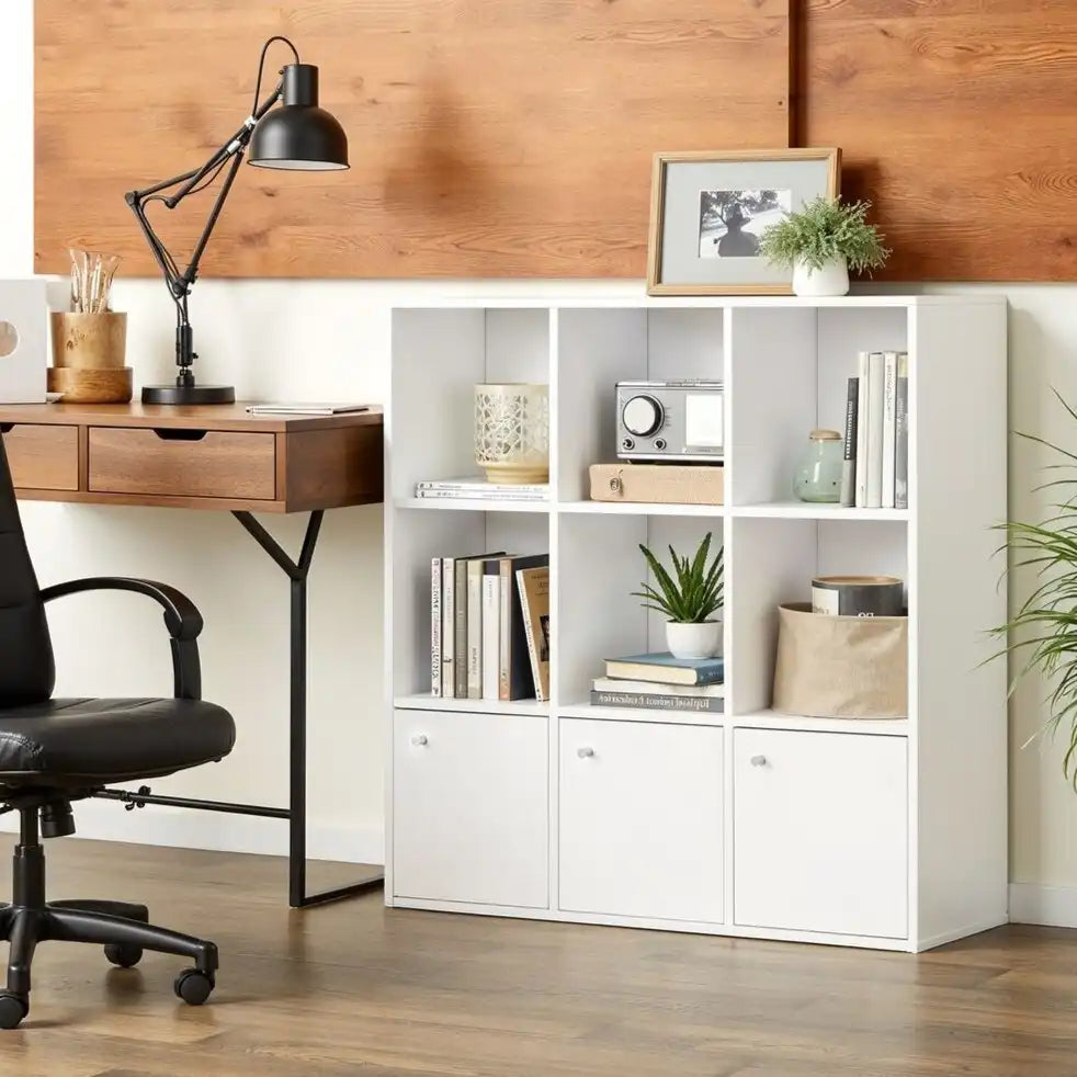 White bookcase unit with open shelves and three lower doors, compact modern storage