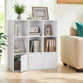 White MDF modern bookcase with open cubbies and two lower cabinet doors, 120cm wide