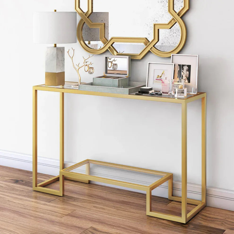 Gold console table with glass shelves and lower rack, 120x40x90cm