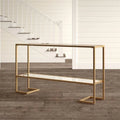 Gold metal console table with glass shelves, rectangular frame design, 140x40x90cm