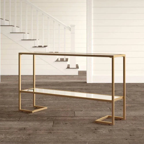 Gold metal console table with glass shelves, rectangular frame design, 140x40x90cm