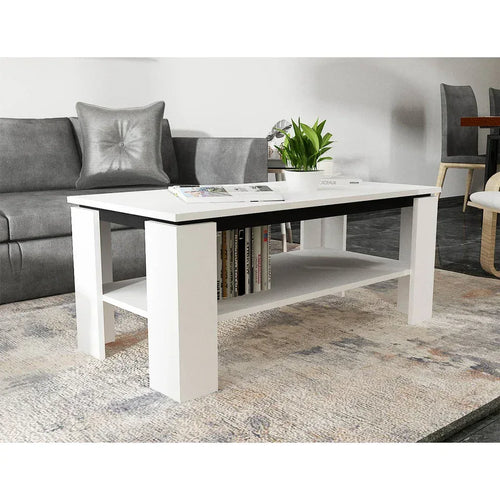 White rectangular MDF coffee table 100x50x45cm with open lower shelf