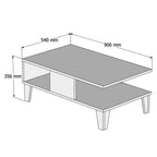 LEONA coffee table size diagram: 900mm x 540mm x 356mm, MDF top with shelf