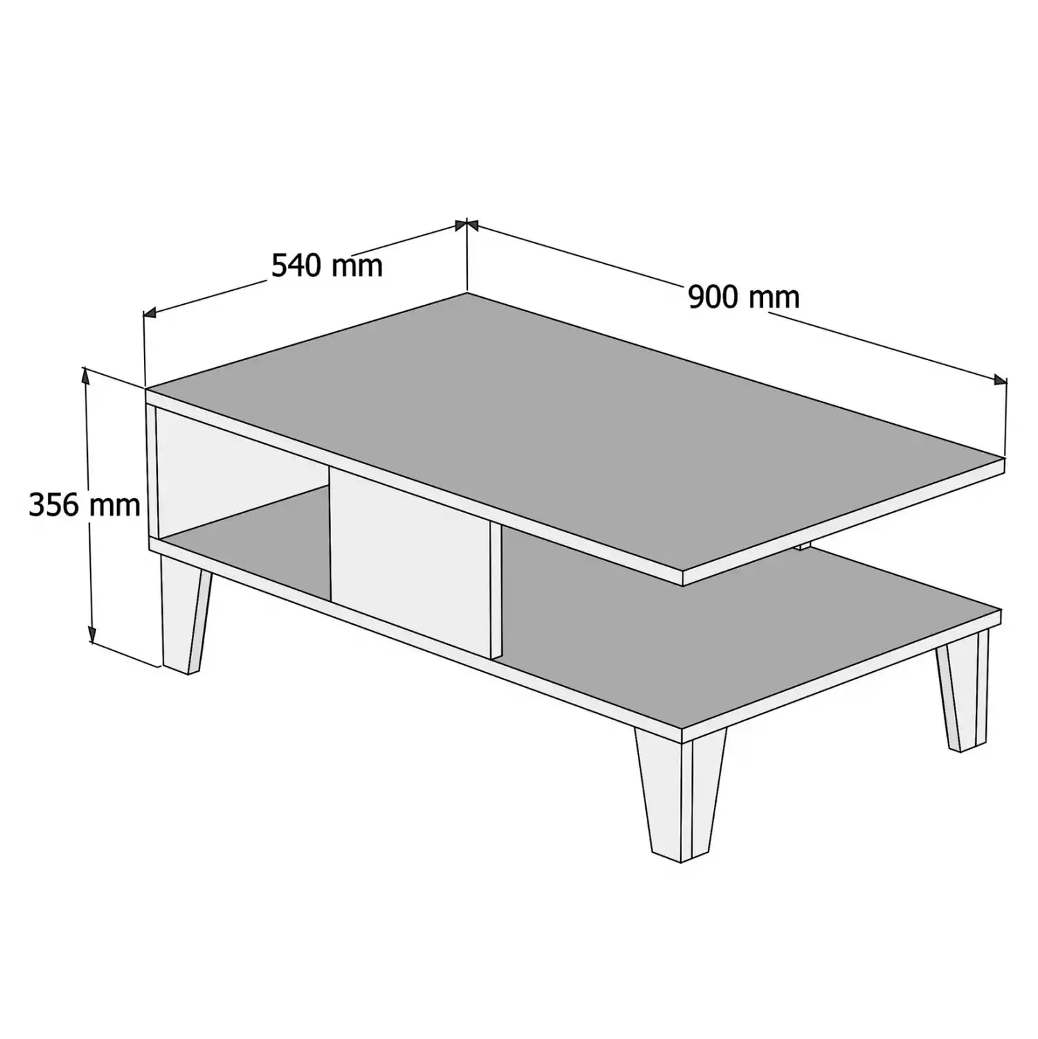 LEONA coffee table size diagram: 900mm x 540mm x 356mm, MDF top with shelf