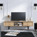 TV table in light wood with two doors, open center shelves, black legs, 180x40x47cm