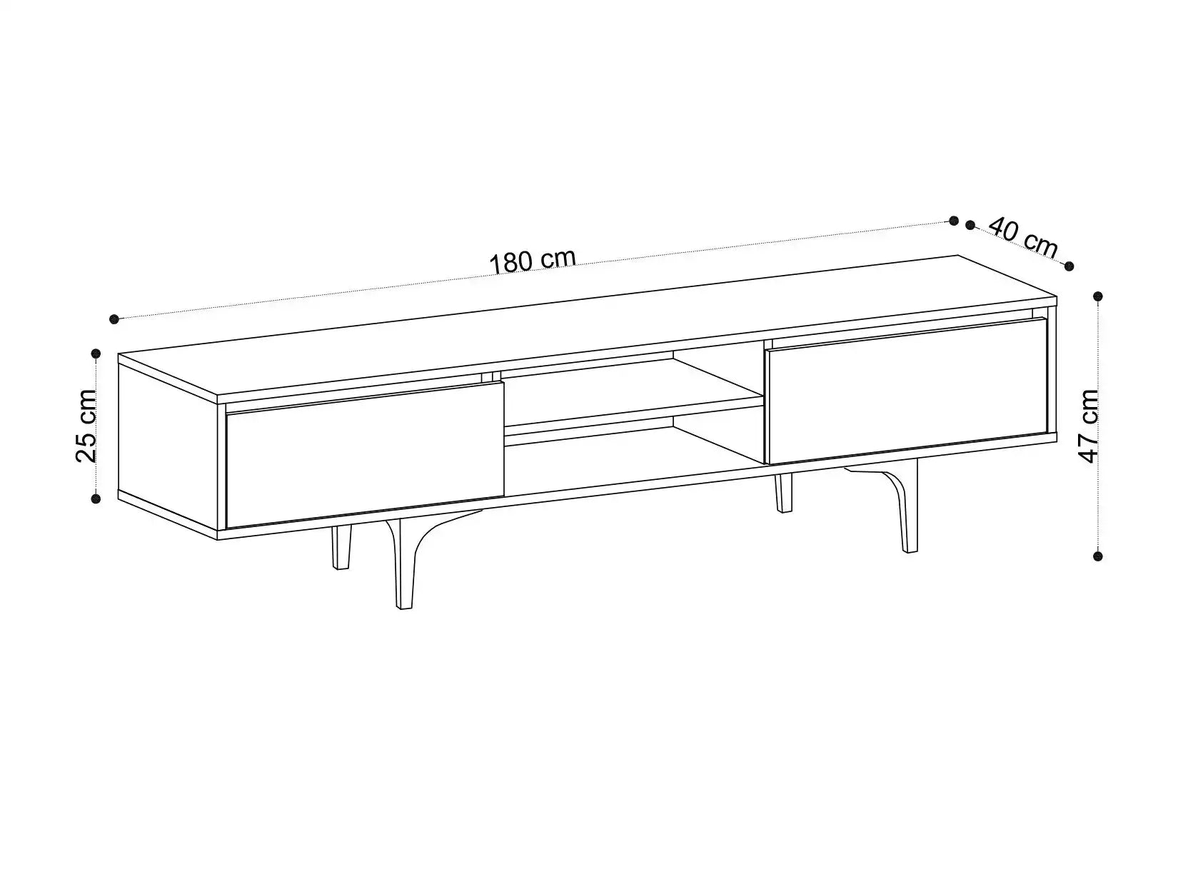 TV table size diagram: 180 cm wide, 40 cm deep, 47 cm high