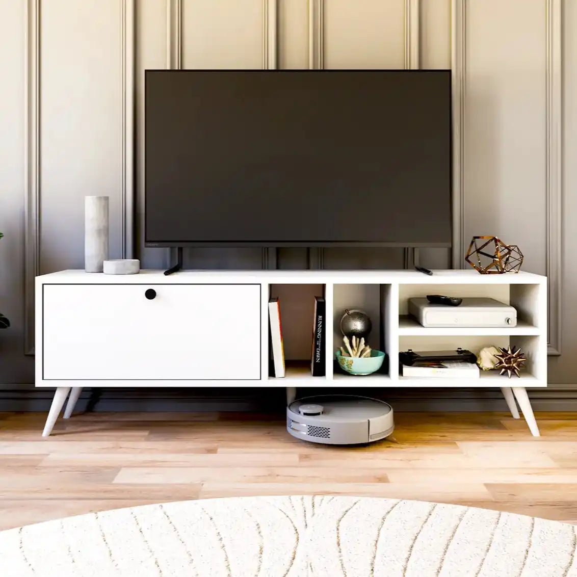 White MDF TV table with drawer and open side shelves, tapered legs